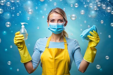 Cleaner in yellow gloves holding a dirty face mask in one hand and a cleaning solution in the other standing in front of a blue gradient background with bubbles and wavy lines to signify cleanliness