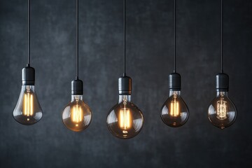 Poster - Variety of modern ceiling lamps hanging on black background