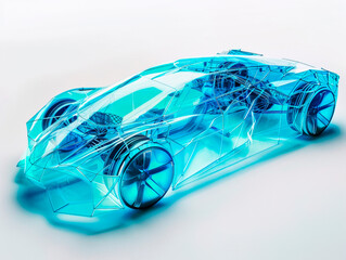 Car visualization with augmented reality Transparent car in studio drawing in blue colors, blueprint glowing neon hologram futuristic show technology security for premium product business finance