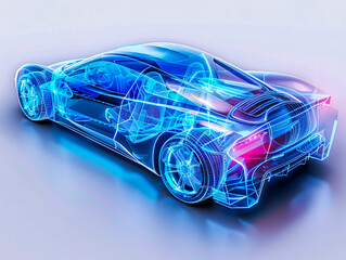 Wall Mural - Car visualization with augmented reality Transparent car in studio drawing in blue colors, blueprint glowing neon hologram futuristic show technology security for premium product business finance