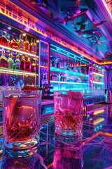 A bar with neon lights and colorful drinks. Two glasses of pink drinks are on a table. The atmosphere is lively and fun