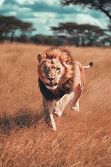 Wall Mural - a lion is running through tall grass in the wild. the lion is the main focus of the image, and the g