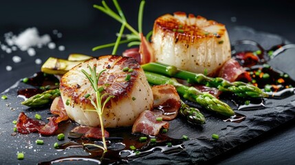 Poster - A plate of food with two scallops and asparagus. The plate is black and the food is garnished with herbs