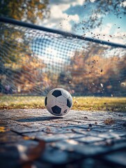 Wall Mural - A soccer ball is on the ground in front of a net. The ball is white and black