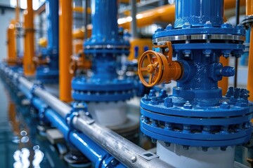 Poster - Industrial pipeline system featuring blue and orange valves