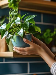 Wall Mural - A woman is holding a plant in a blue pot. The plant is a small green plant with leaves