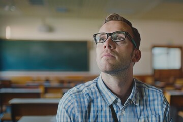 Sticker - A man wearing glasses is sitting in a classroom. He is looking up at something. The classroom is filled with desks and chairs