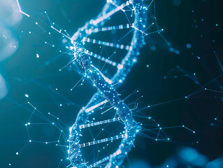 Synthetic cyber DNA molecule. Artificial intelligence neural network. Crystal lattice, molecular structure 3D illustration. Scientific innovations in genetics and microbiology