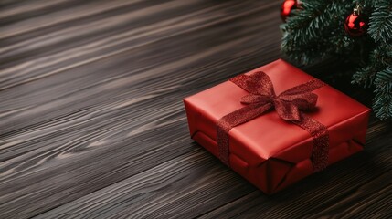 Canvas Print - A red present sitting on a wooden table next to christmas tree, AI