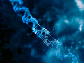 Synthetic cyber DNA molecule. Artificial intelligence neural network. Crystal lattice, molecular structure 3D illustration. Scientific innovations in genetics and microbiology