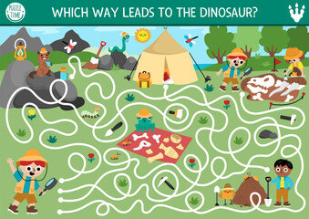 dinosaur maze for kids with cute paleontologists. prehistoric preschool printable activity with boys