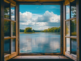 Poster - A window view of a lake with a cloudy sky