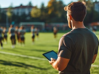 Wall Mural - A man is holding a tablet while standing on a field. He is watching a group of people playing a game