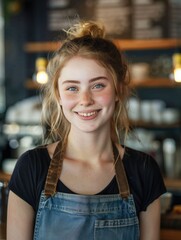 Wall Mural - A woman with a blue apron and a ponytail is smiling. She is wearing a black shirt and a brown apron