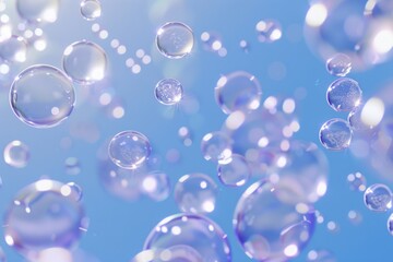 Canvas Print - A blue sky with many bubbles floating in it. The bubbles are of different sizes and colors. Concept of playfulness and joy