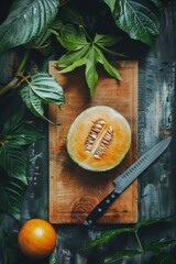 Wall Mural - A melon is cut in half on a wooden cutting board. A knife is next to the melon. The image has a natural and fresh feel to it, with the melon and knife placed on a wooden surface