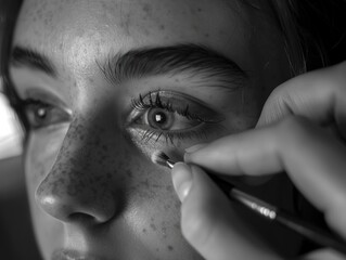 Wall Mural - A woman is getting her eye makeup done by a man. The woman has a lot of freckles on her face