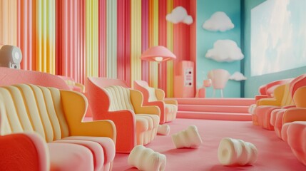 Wall Mural - Pink and Yellow Striped Room with Plush Seats.