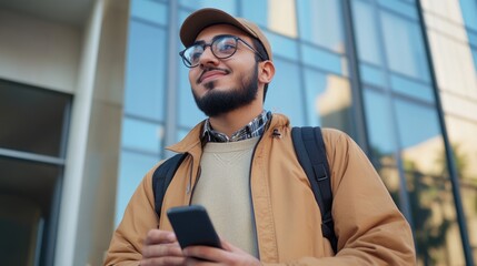 Poster - A man wearing glasses and a hat is holding a cell phone. He is smiling and he is happy