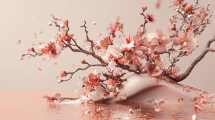 Canvas Print - Pink cherry blossoms on a branch with some petals falling into water.