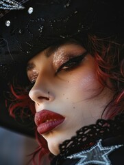 Wall Mural - A woman with red hair and red lipstick is wearing a black hat. She has red hair and a nose piercing