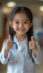 Wall Mural - Cute child is a doctor wearing a doctors uniform, holding both thumbs up, happy smile.