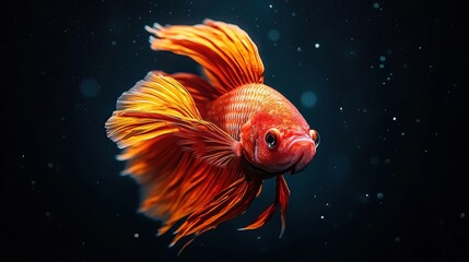 Elegant artistic portrayal of ruby red and sunny yellow betta fish with luxurious metallic sparkles against a bold black canvas, stunning wall hanging for spacious hall. Realistic photograph,