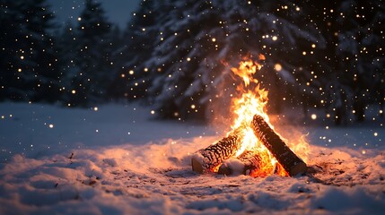 Wall Mural - Campfire in the Snowy Forest