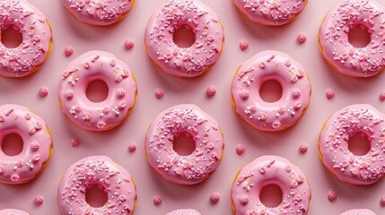 A row of pink frosted donuts with sprinkles on top. The donuts are arranged in a pattern on a pink background