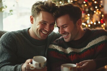 Wall Mural - Two men are sitting on a couch, smiling and holding cups of coffee. Scene is warm and friendly, as the two men are enjoying each other's company and sharing a moment of relaxation