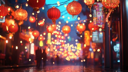 Sticker - Red lanterns illuminate a bustling night market in a festive setting.