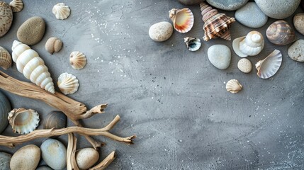 Poster - Simple eco showcase with shells, wood, and rocks on a grey background.