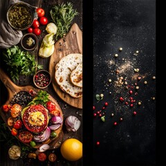 Poster - Roasted vegetables, herbs, and spices on a wooden board with slices of bread.