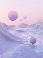 Wall Mural - a space scene with four large spheres floating in the air. the scene is set in a snowy, mountainous 