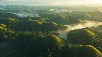 Wall Mural - Rolling hills and lush green vegetation shrouded in morning mist.