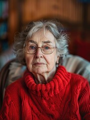 Poster - A woman in a red sweater and glasses is sitting in a chair. She has a serious expression on her face