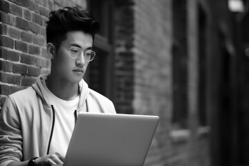 Wall Mural - A man wearing glasses is looking at a laptop. He is standing in front of a brick wall