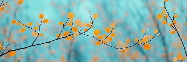 Wall Mural - Orange leaves gently sway on thin branches, creating a striking contrast with the soft blue backdrop of twilight in autumn