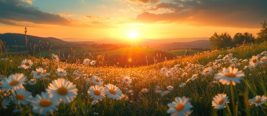 Wall Mural - Sunset over a Field of Daisies