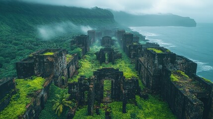 A captivating scene of a ruined city, overgrown with lush vegetation, hinting at a forgotten civilization and the enduring power of nature