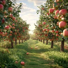 Wall Mural - Rows of apple trees laden with ripe fruit in a sunny orchard.