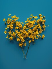 Canvas Print - A bouquet of yellow flowers is arranged in the shape of a heart on a blue background. The flowers are arranged in a way that they look like they are hugging each other, creating a warm