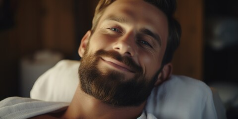 A man with a beard is smiling and laying down. He is wearing a white robe. Concept of relaxation and comfort