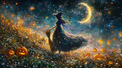 Wall Mural - halloween witch with pumpkin