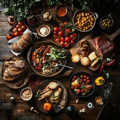 Poster - Rustic wooden table with assorted foods, including grilled meat, vegetables, bread, and fruit.