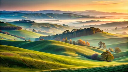 Sticker - Rolling hills bathed in soft pre-dawn light, creating a serene and peaceful atmosphere