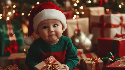 Cute Little Baby in Elf Costume with Gifts at Home