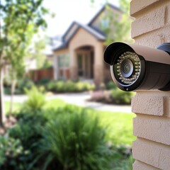 Security Camera Mounted on Brick Wall Outside Home.