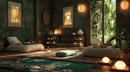 Wall Mural - Serene meditation room with plush cushions, ornate rug, and ambient lighting.