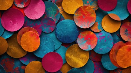 Wall Mural - A colorful collage of circles with a variety of colors. The circles are arranged in a way that creates a sense of movement and energy. Scene is vibrant and playful